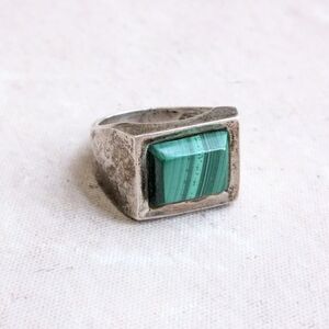 Vintage Sterling Silver Ring Taxco Green Malachite 10.25 Rectangle Mexico
